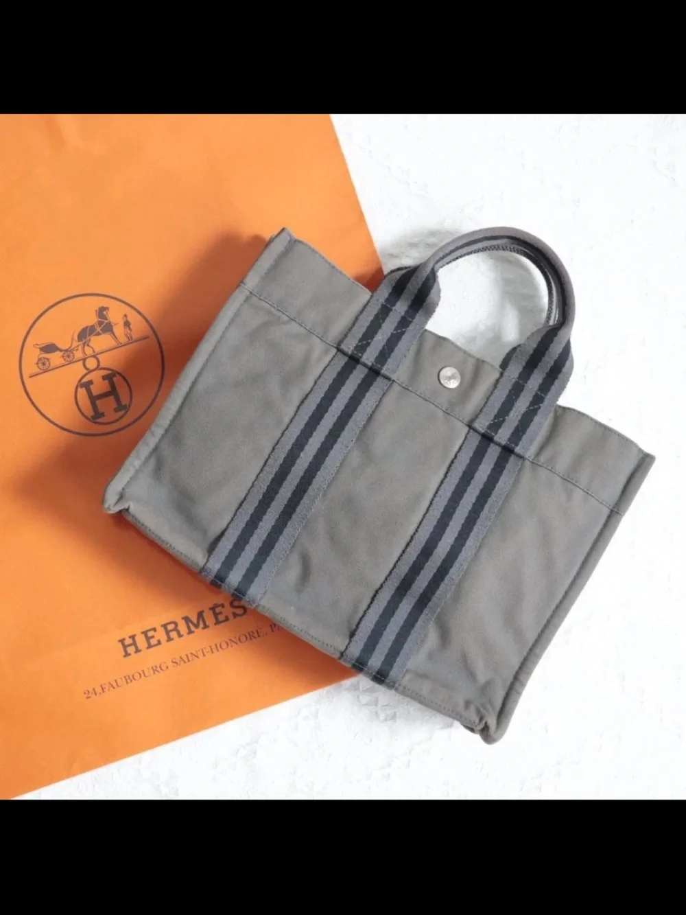 Hermes Gray Canvas Messenger Tote with Striped Handles